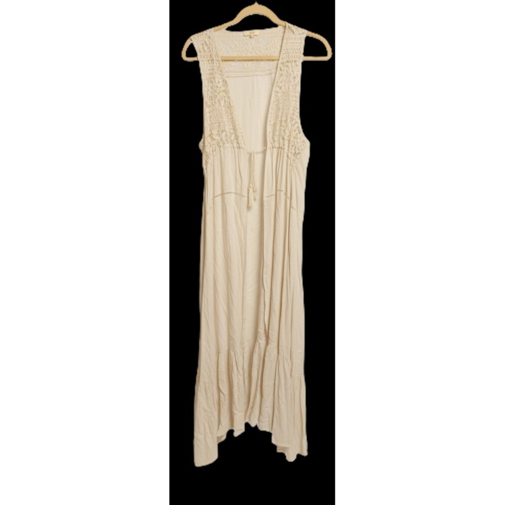 Easel Women's Large Maxi Duster Vest Cream Lace Crochet Sleeveless Long Cardigan